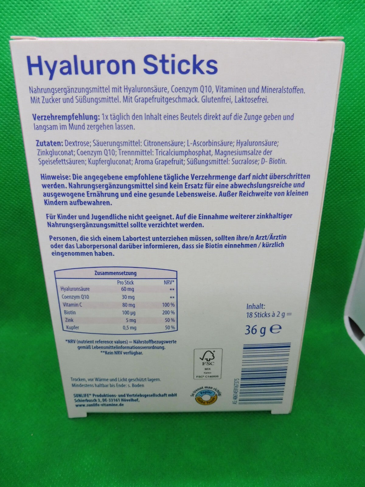 Vitalis® Hyaluron Sticks, je PG: 18 Sticks á 2 g = 36 g, (MHD: 05.2026)