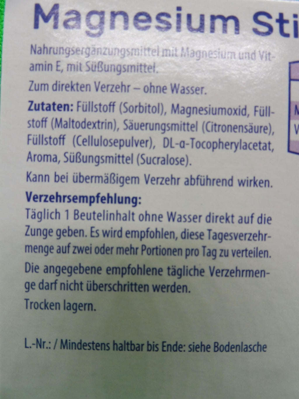 3x Vitalis® Magnesium Sticks 250 mg; je 20 Bt. á 1,5 g; Waldfrucht (127,78 €/kg)