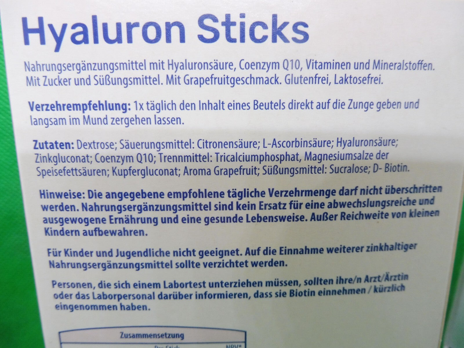 Vitalis® Hyaluron Sticks, je PG: 18 Sticks á 2 g = 36 g, (MHD: 05.2026)