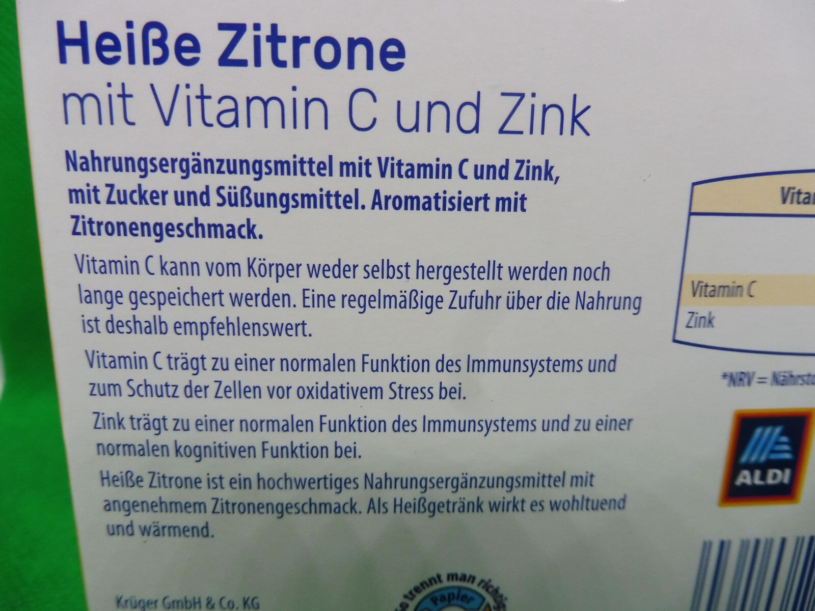 Vitalis® Heiße Zitrone mit Vitamin C und Zink; 20 BT á 5 g