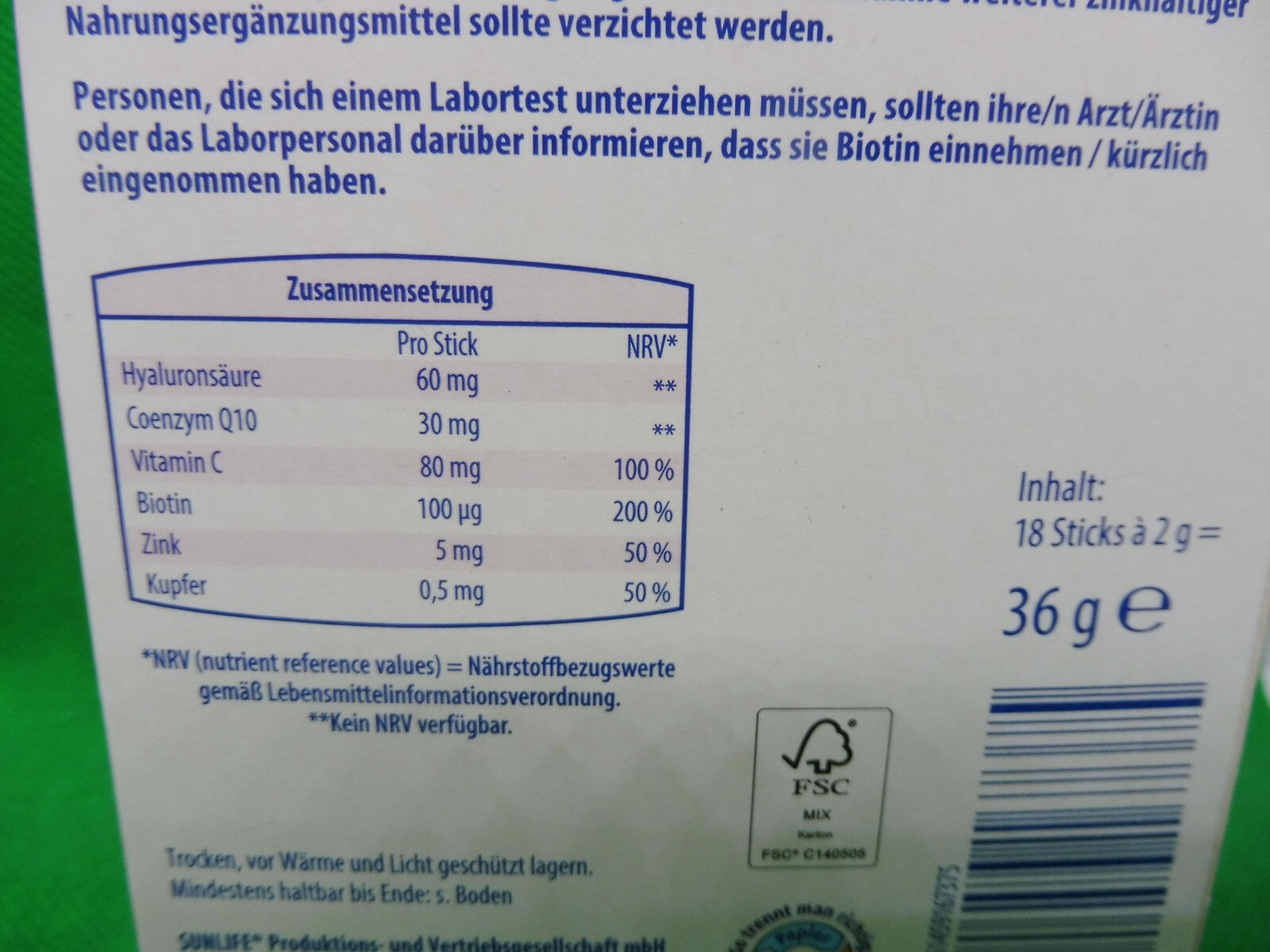 Vitalis® Hyaluron Sticks, je PG: 18 Sticks á 2 g = 36 g, (MHD: 05.2026)