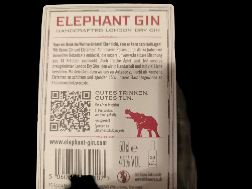Elephant  Gin (45% vol.;  je Flasche á 0,5 l)