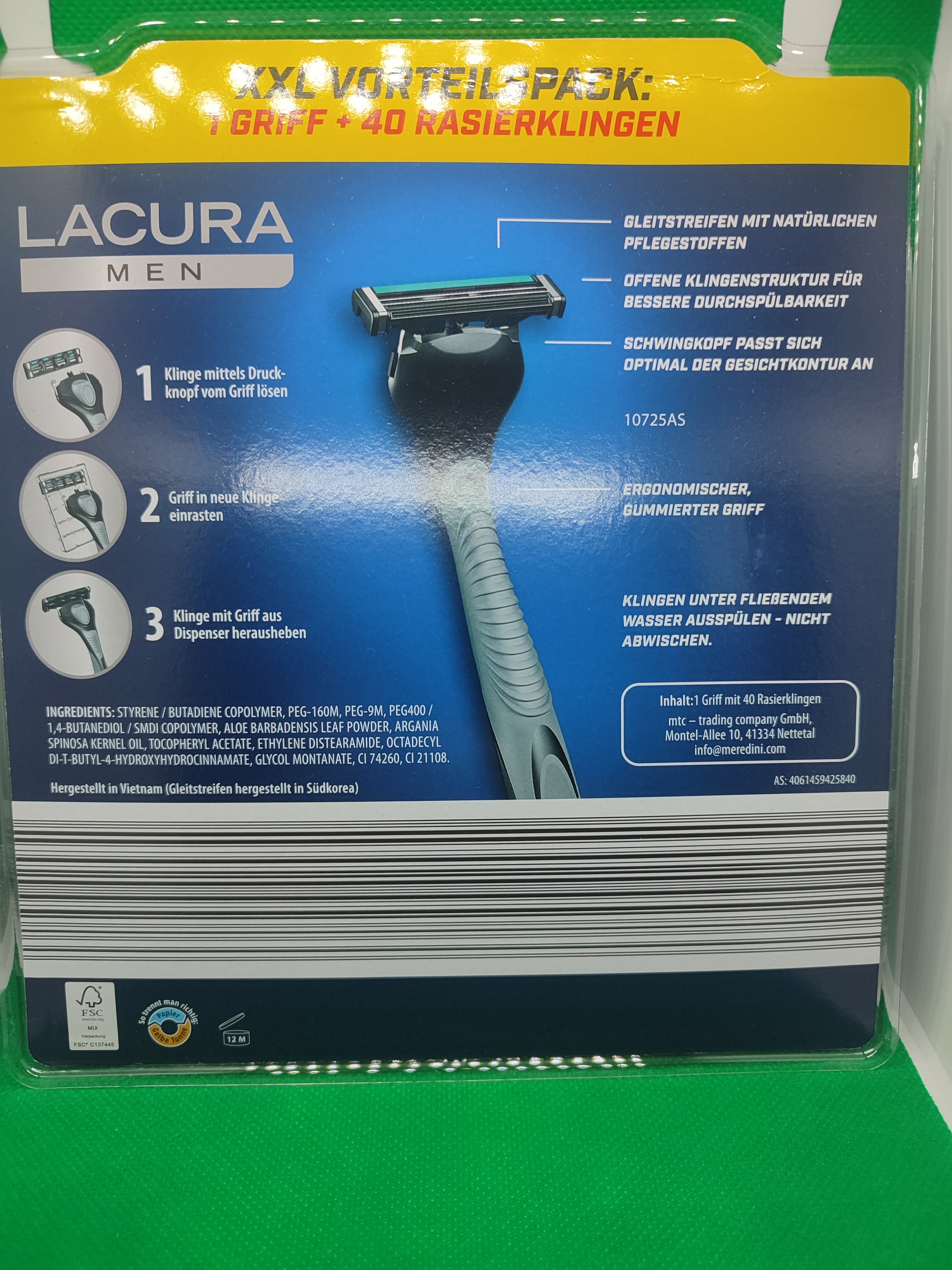 LACURA MEN XXL Herrenrasierer; 2-Klingen Rasierer, Griff + 40 Rasierklingen